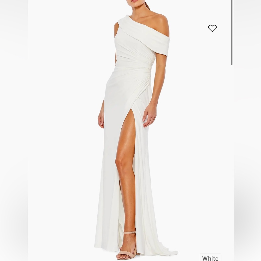 Mac Duggal White One-Shoulder Ruched Gown with Thigh Slit
